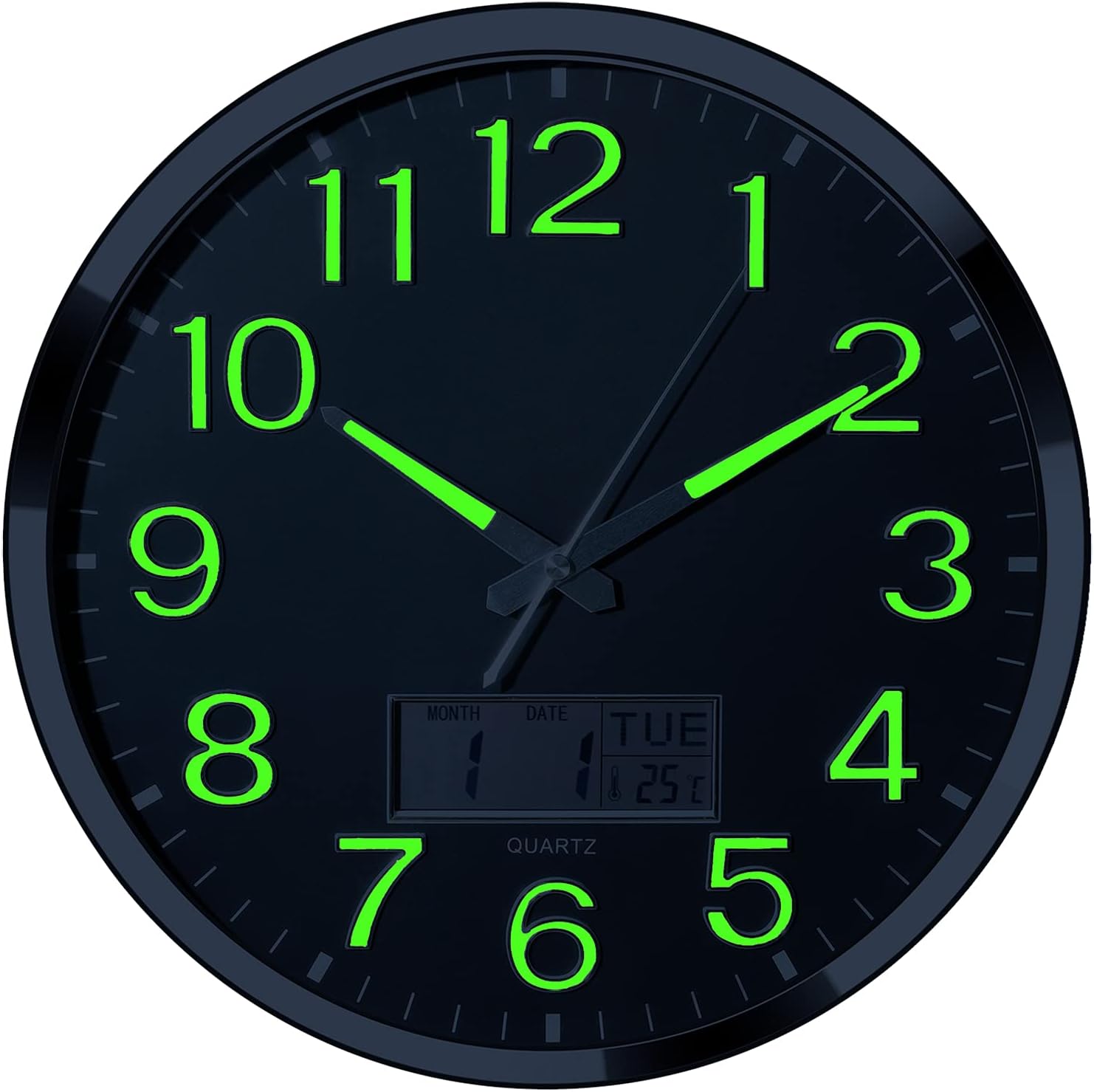 Luminous Wall Clock - 14’’ Extra Large Wall Clocks with Glowing Function LCD Display - Silent Movement for Kitchen Bedroom - Digital Wall Clocks Display Date Week Temp - Battery Operated (Green Light): Kitchen & Dining