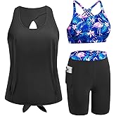 Daci Women 3 Piece Tankini Swimsuits - Athletic Swim Tank Top with Bra Bathing Suit with Shorts Modest Swimwear 2025