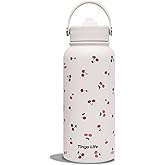 32oz Stainless Steel Insulated Water Bottle with Handle and Straw Lid - Cute Cherry Pattern Cream White Vacuum Water Bottle, Leakproof, Gifts for Women Girls, for Gym, Sports, Travel