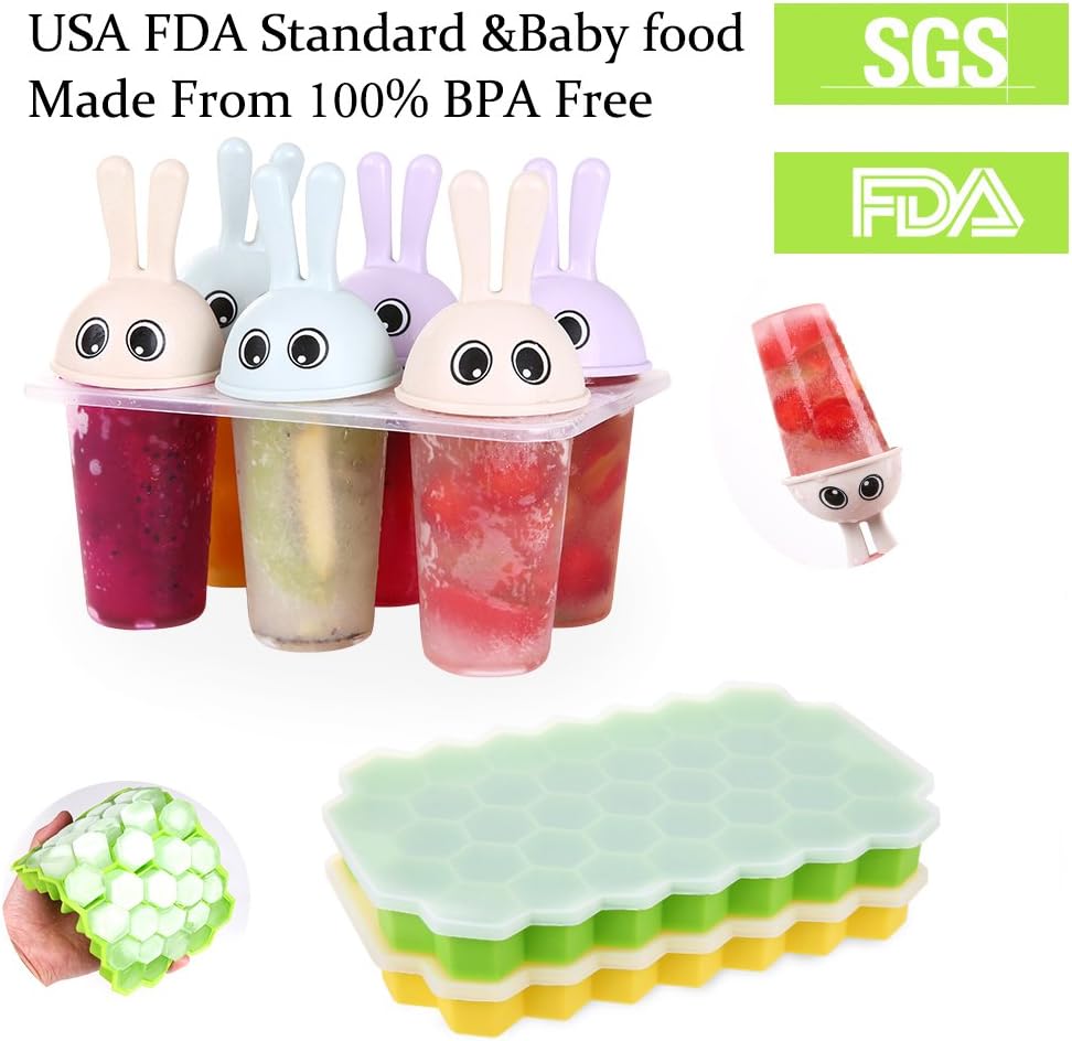 Ice Cube Trays 2 Pack Silicone Ice Cube Maker Molds + Reusable Popsicle Molds Ice Pop Molds Maker Set of 6, FDA Food Grade Material
