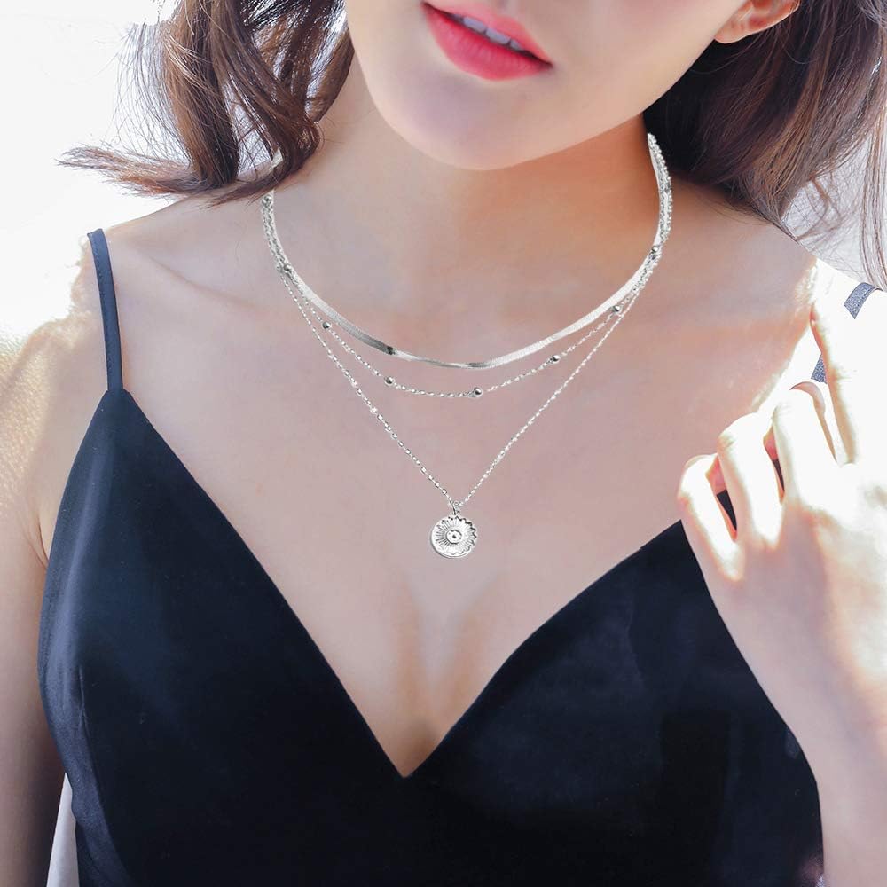 Ceqiny Multi-layer Choker Necklace Bead Round Coin Necklace Pendant Adjustable Chain Necklace Long Chain Tassels 3-Layer Charm Pendant Choker Friendship Necklace Gift for Women Girls, Silver: Clothing