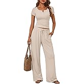 Trendy Queen Women's 2 Piece Matching Lounge Sets Summer Henley Neck Slightly Crop Top Wide Leg Pants Casual Sweat Suit