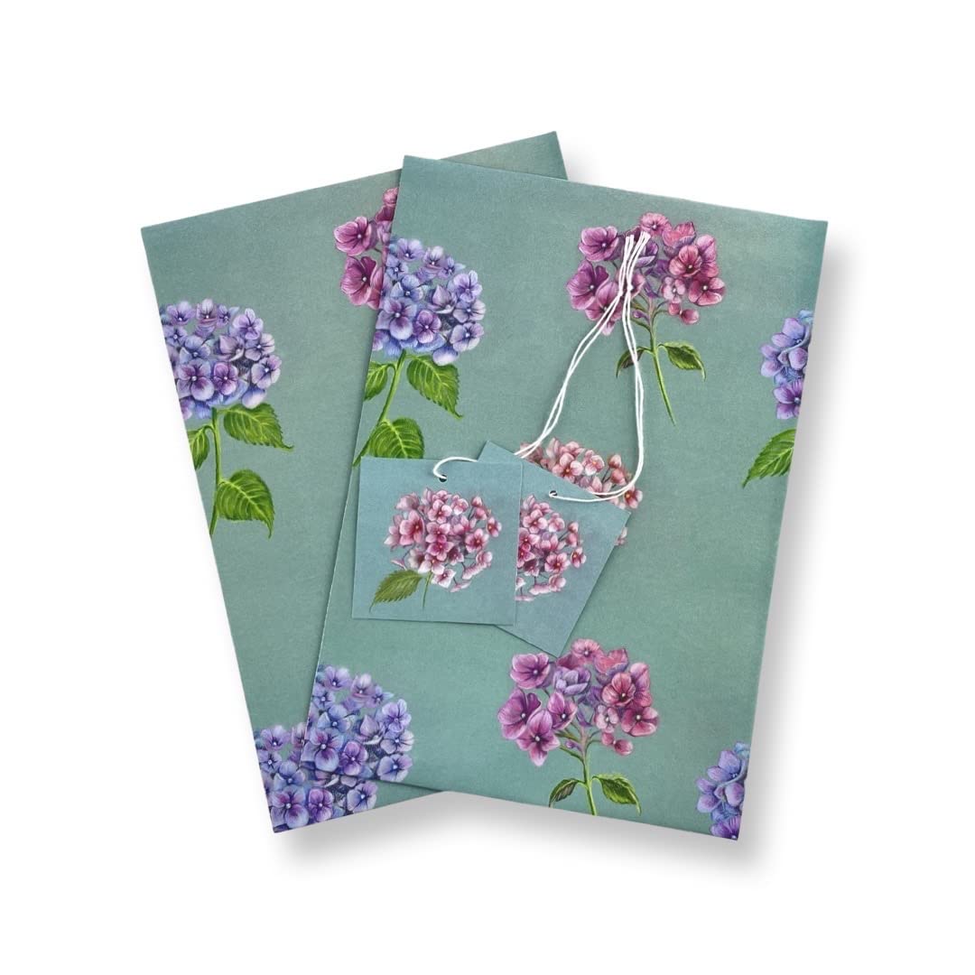 Classic pretty floral eco printed gift wrap with hand drawn pastel hydrangea flowers - 2 sheets and 2 tags - birthday present for her - Mother's Day