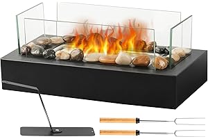 Afranti Tabletop Fire Pit Safer Stainless Steel Small Table Fireplace with Cobblestone for Dinner Parties Smores Maker Indoor/Outdoor Portable Mini Table Top Firepit Housewarming Gift