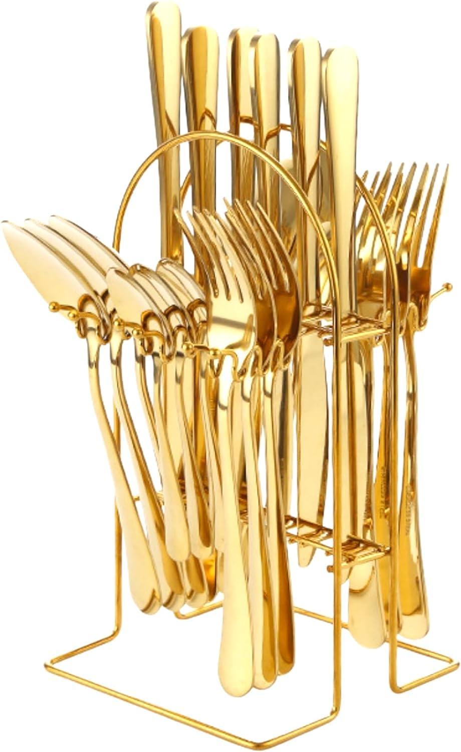 Gold Stainless Steel Cutlery Organizer and Storage Rack, 24 Piece Set, Mirror Polished, Dishwasher Safe, with Hanging Stand, Ideal for Home/Party/Restaurant