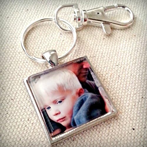Custom Photo Keychain l 1 Inch GLASS Photo Keychain with Purse Key Clip, Set in Silver Tray