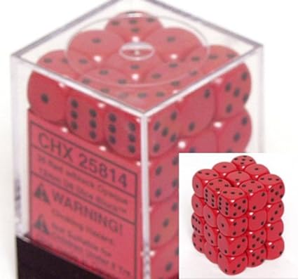 Chessex Dice d6 Sets: Opaque Red with Black - 12mm Six Sided Die (36) Block of Dice