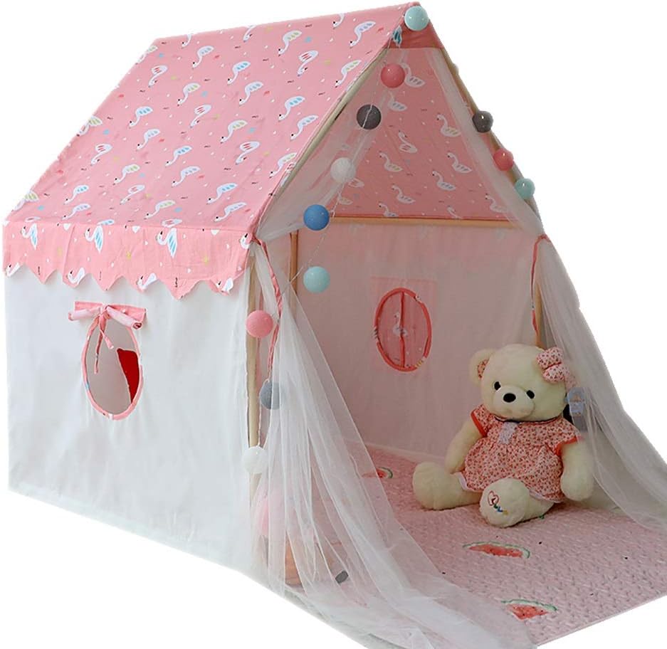 Kibten Large Pink Girl Princess Castle Tent Child Boy Paradise Game House Toy Room Children Large Playhouse Cotton Cloth Wooden Play Tent Baby Gift Teepee Tent for Indoor Outdoor Garden
