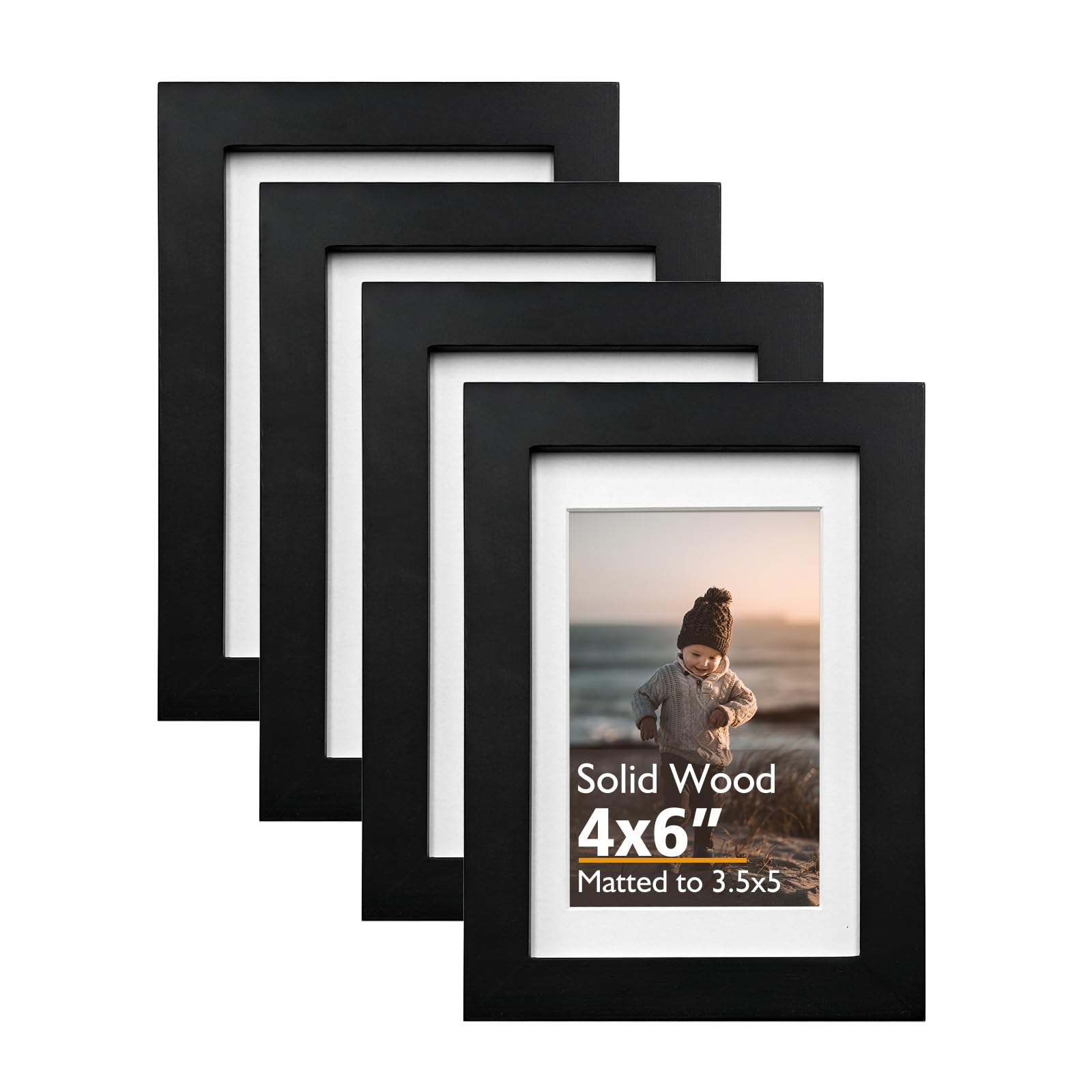 KINLINK 6x4 Picture Frames Black, Wood Frames with Acrylic Plexiglass for Pictures 5x3.5 with Mat or 6x4 without Mat, Tabletop and Wall Mounting Display Black,Set of 4