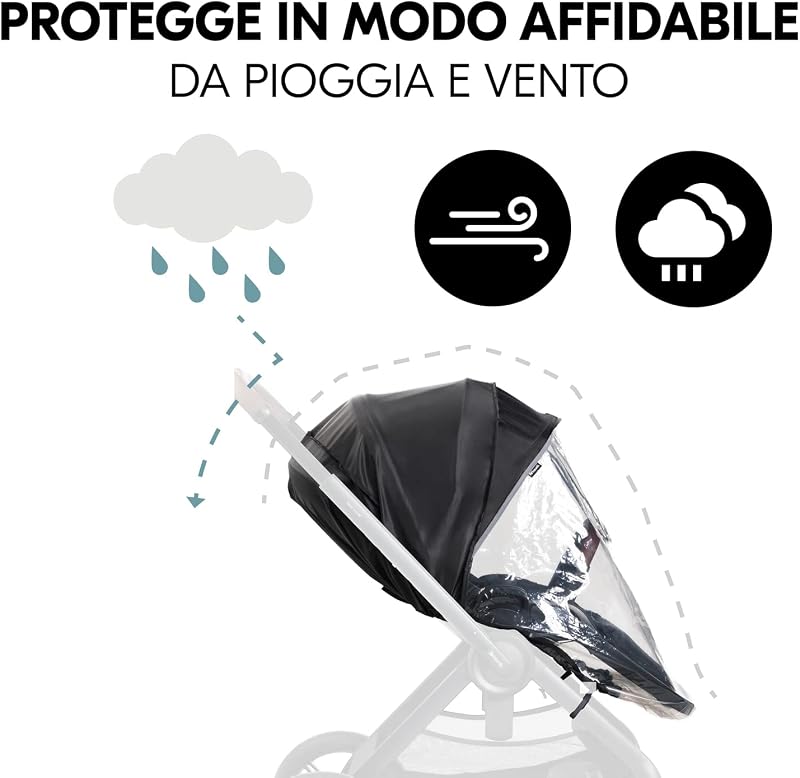 Parapioggia Passeggino Universale - 91 x 92 x 85 cm - Antipioggia Catarifrangente con Elastico, Finestrina di Accesso e Fori di Ventilazione - Facile da Fissare - Nero / Trasparente