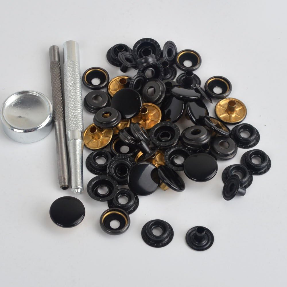 15 Sets 15mm Black Shinny Leather Snap Fasteners w/Long Post Press Studs Sewing Buttons with Die Punch Tool Kit Fit Leather Craft