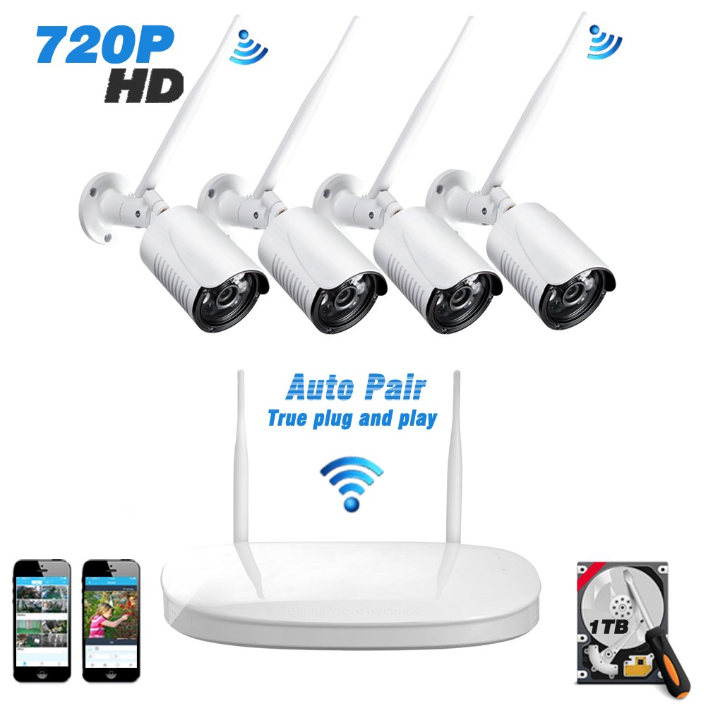 Wireless Outdoor Security Cameras System, 4 x 720P CCTV Cameras NVR Kit for Home Garden, Wifi Surveillance Camera Set for Indoor / Outdoor, IP Camera with 1TB HBB Pre-installed, Night Vision, Motion Sensor, IP66 Waterproof, Motion Sensor - 