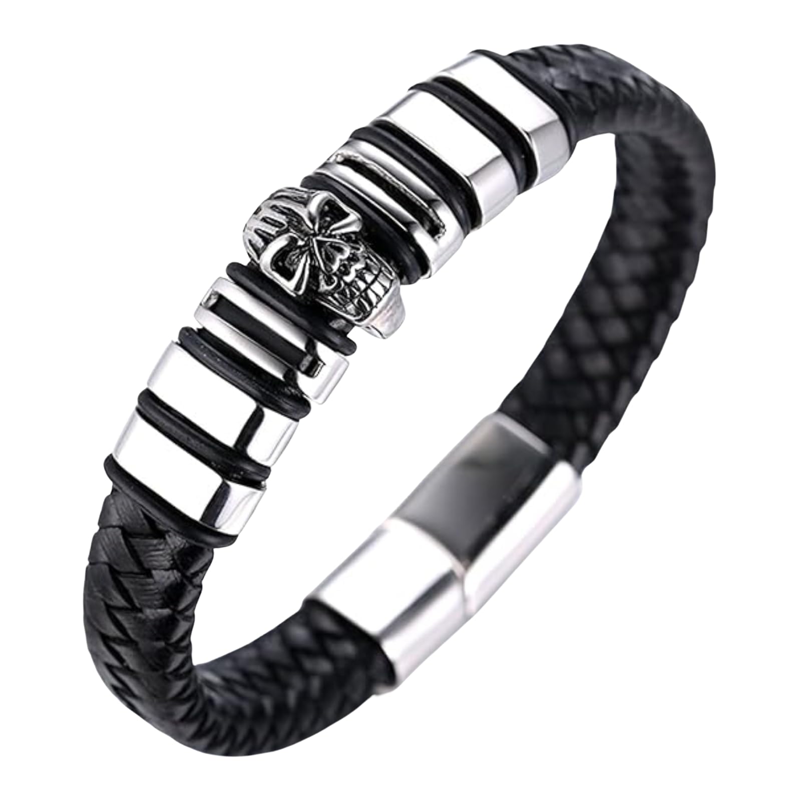 HALUKAKAH ● Assassin ● Men's Genuine Leather Bracelet Titanium Skull Head Magnetic Clasp 8.46"/21.5cm with Free Giftbox