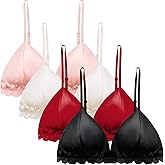 Women's Satin Bralette Tops 100% Silk Wirefree Sexy Bra Lace Bra with Removable Pads (4 Packs, Black-White-Red-Pink)