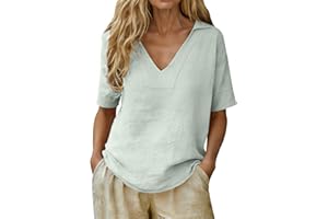 Cotton Linen Tops for Women 3/4 Sleeve V Neck Loose Fit Dressy Blouses Lightweight Comfy Casual Boho Summer Beach Tshirts