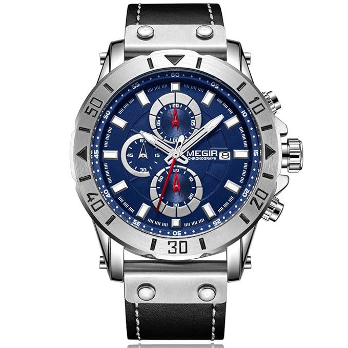 MEGIR Armbanduhr Herren Uhren Luxus Schwarz Lederarmband Blau Zifferblatt Militär mit Chronograph Kalender Wasserdicht und Le