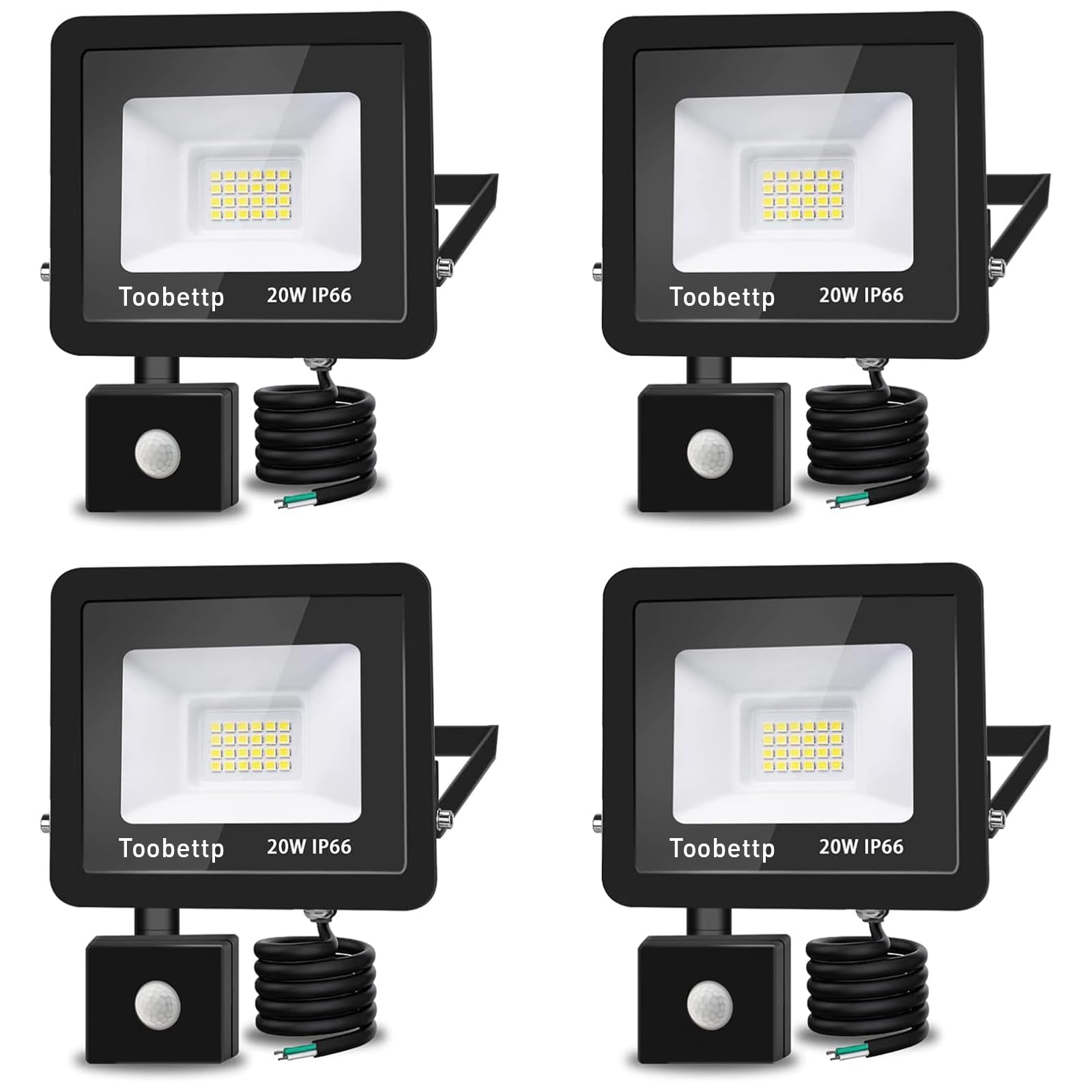 LED Floodlight with Motion Sensor 20 W Cold White, 2000 LM Outdoor LED Spotlight 6500 K Outdoor Lighting IP66 Waterproof for Garden, Garage, Patio, Factories, Stadiums, 4 Pieces