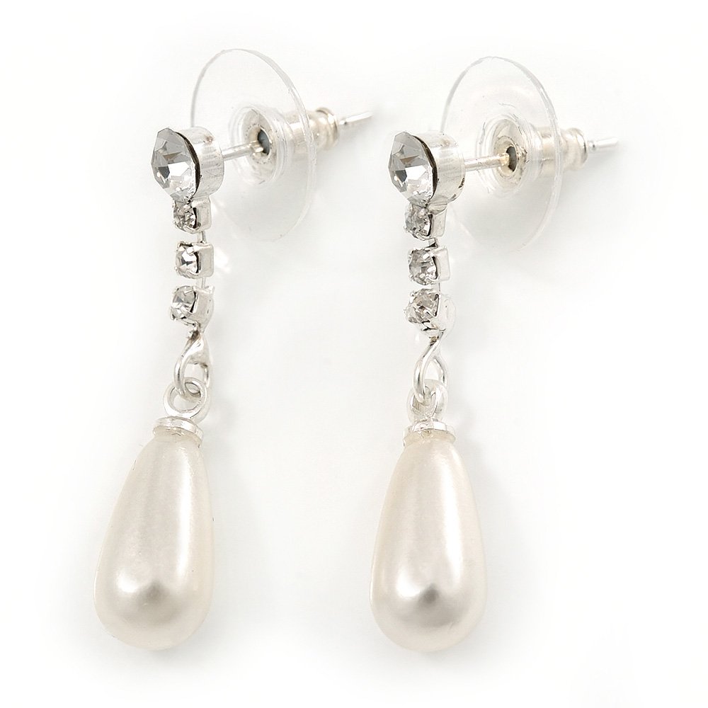 Clear Crystal Faux Pearl Drop Earrings/Silver Plating/ 30mm L