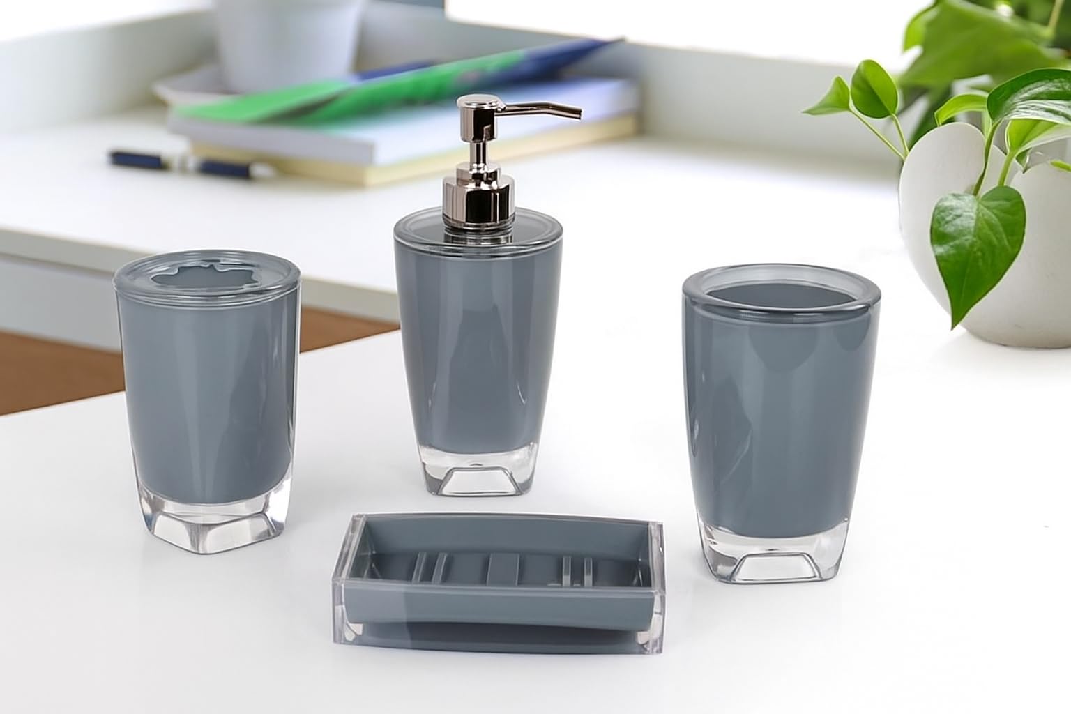 Fingey Modern Design 4 Piece Bathroom Accessory Set, Soap Dish, Tooth Brush Holder, Soap Dispenser, Rinse Cup (Grey)