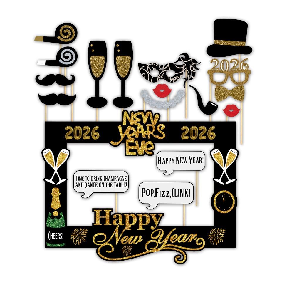 SWSATYW 2026 Happy New Year's Eve Party Photo Booth Props Decoration with Card Frame(Pack of 18)