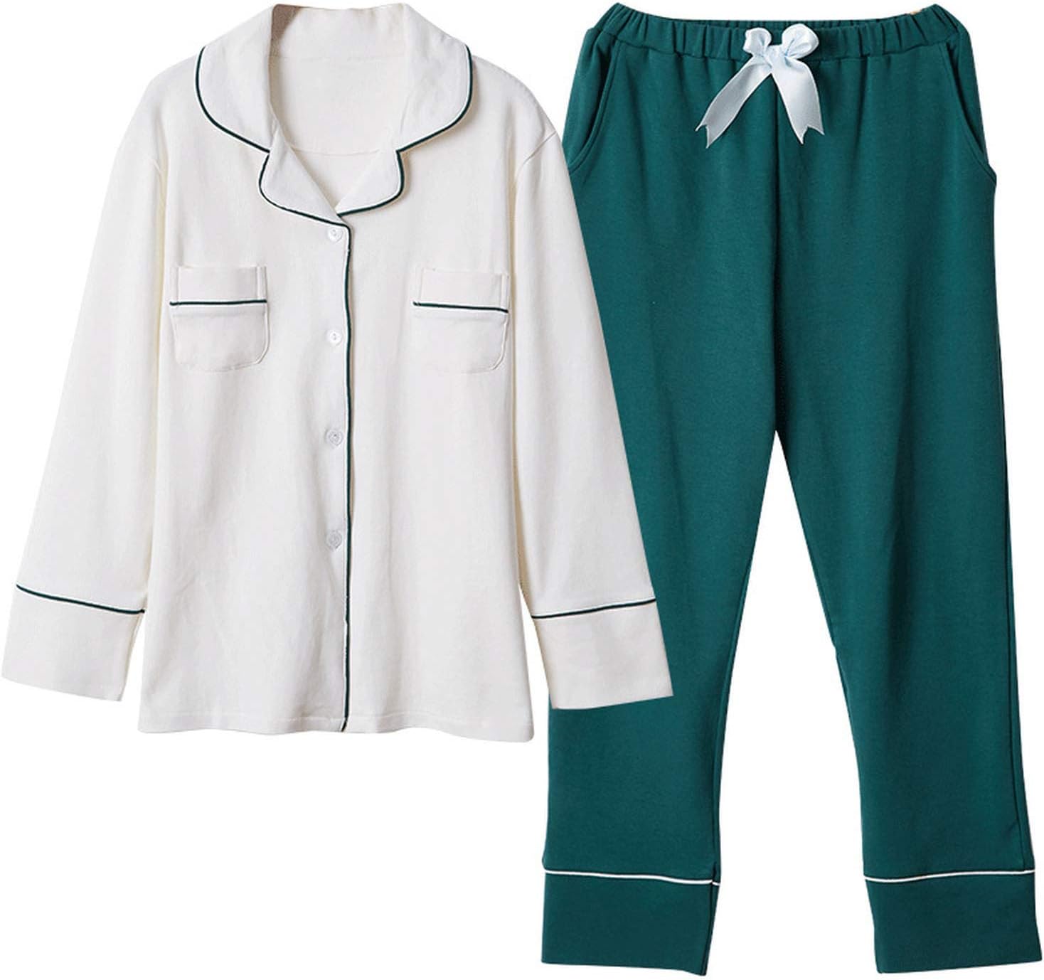 Basic Pajamas Pockets New Loose Pajamas Cotton Long Sleeve Elastic Waist Women Lounge Homewear Pijamas