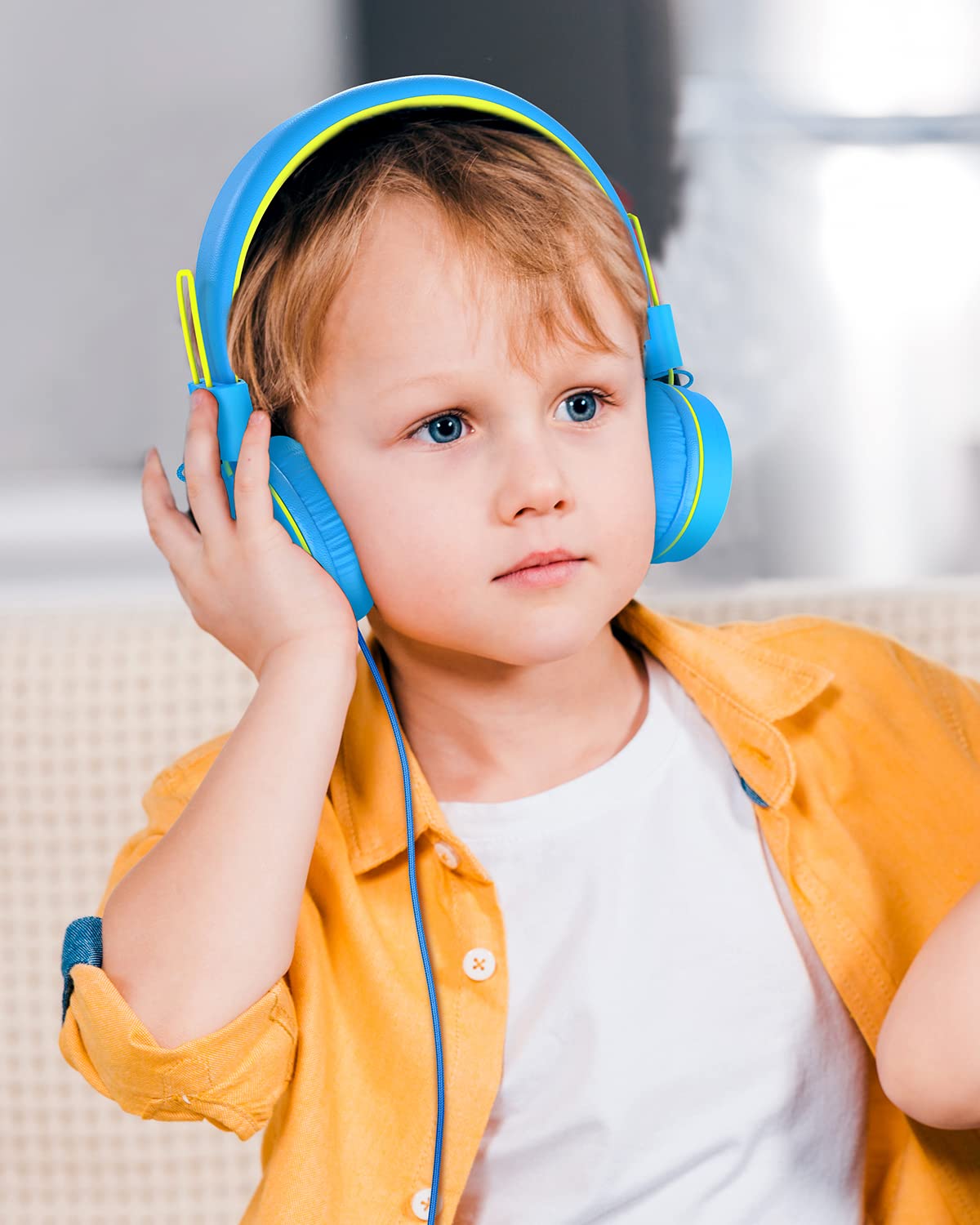 NIVAVA Kids Headphones, K8 Wired Headphones for Kids with Adjustable Headband, 3.5 MM Jack for School, Foldable On-Ear Headset for Girls Boys Kindle Tablet Cellphones Airplane Travel(Blue Yellow)