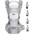 KIYUMI Baby Carrier with Hip Seat, 6- in-1 Baby Carrier Newborn to Toddler, Ergonomic M Position, Head Support and Breathable Mesh,Adjustable Removable Baby Sling Carrier (7-45 lbs), Grey