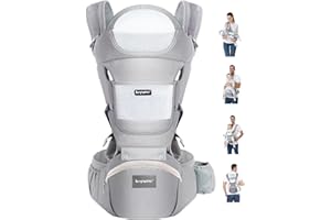 KIYUMI Baby Carrier with Hip Seat, 6- in-1 Baby Carrier Newborn to Toddler, Ergonomic M Position, Head Support and Breathable Mesh,Adjustable Removable Baby Sling Carrier (7-45 lbs), Grey