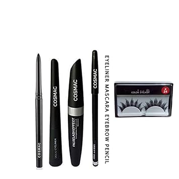 Cosmac Imported Waterproof Liquid Eyeliner, Mascara, Eyebrow Pencil With Eyeconic Kajal For Protective Stay All Day And 1 Pair Of Eyelashes (Set Of 4) Combo