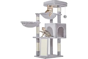 Taoqimiao Cat Tree, 37.4-Inch Cat Tower for Indoor Cats,Suitable for kittens,Plush Cat Condo with 5 Scratching Posts, Plush Perch,2 Hammock,Pompoms, Scratching Ramp MS018W Light Gray