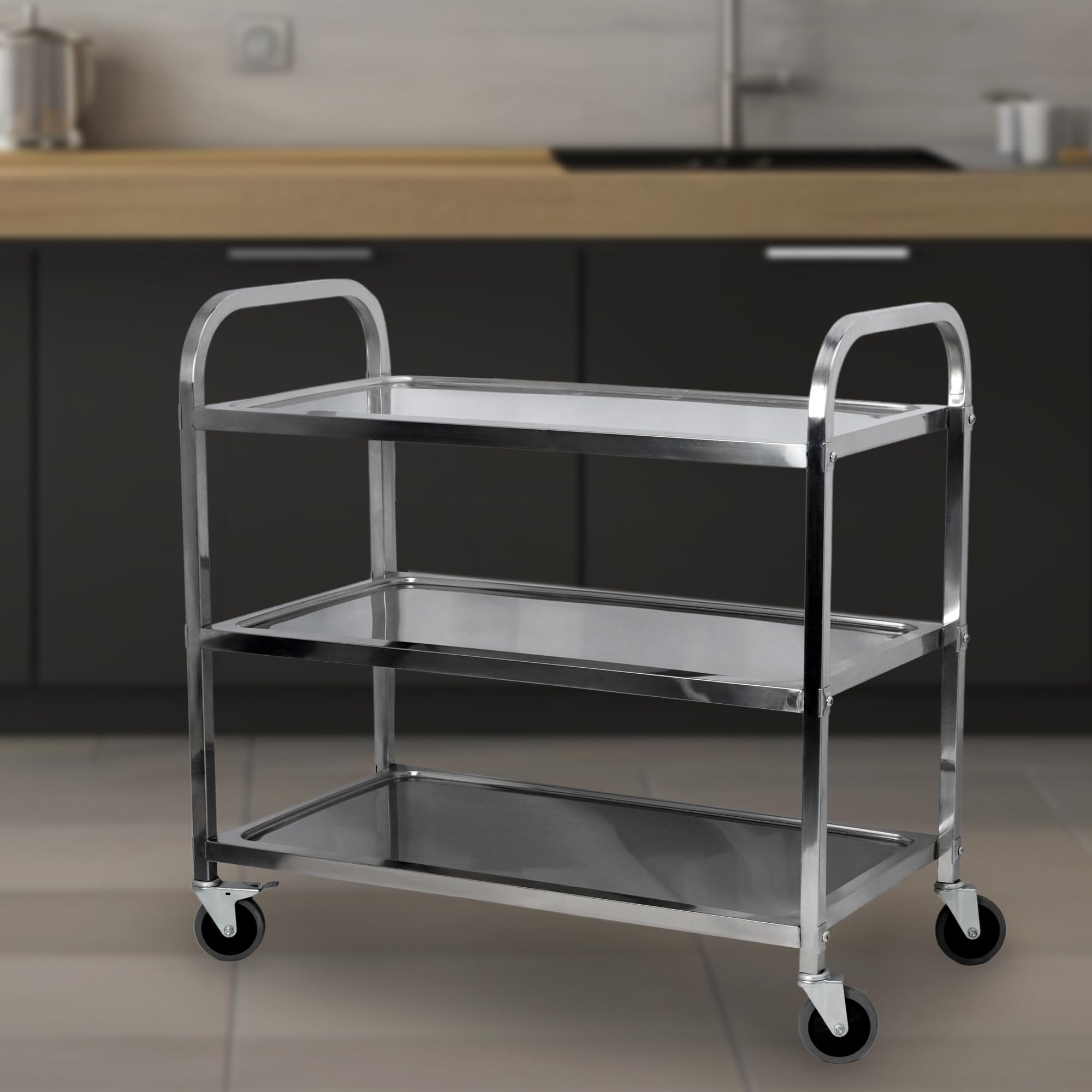 uyoyous Large 3 Tier Stainless Steel Utility Cart 950x950x500MM Kitchen Rolling Carts Serving Trolley Service Catering Storage Cart with Locking Wheels for Kitchen Hotels Restautant Use