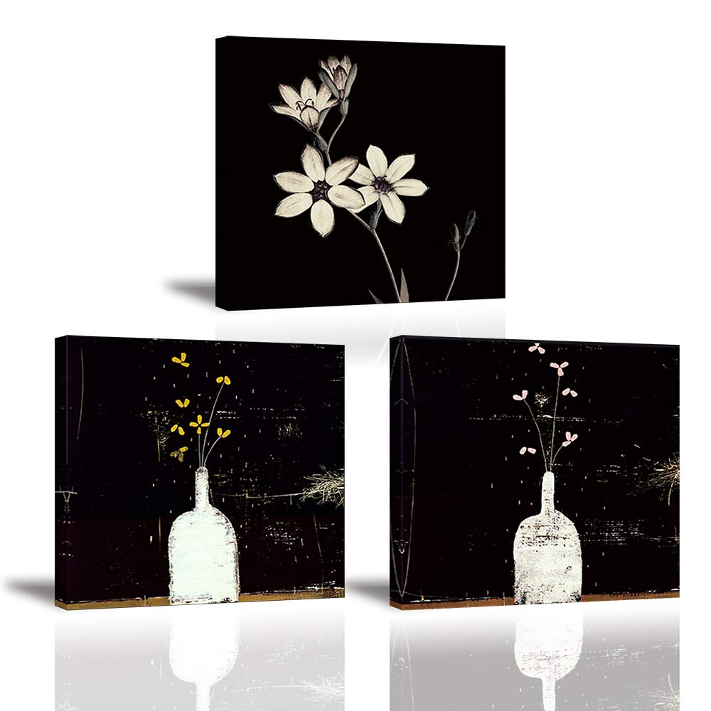 Piy Painting Flowers in Vase Bottles Canvas painting Elegant Flowers picture on Canvas, 3 Panel Canvas Repetition ready hanging Décor Decorative arts for Living Room 30x30cm