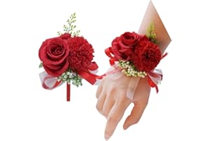 RIKYO 2 Pack Flower Wrist Corsage Boutonniere Set,3" Artificial Rose and Carnation Handmade Silk Flower for Wedding Flowers Accessories Prom Suit Decor (Red)