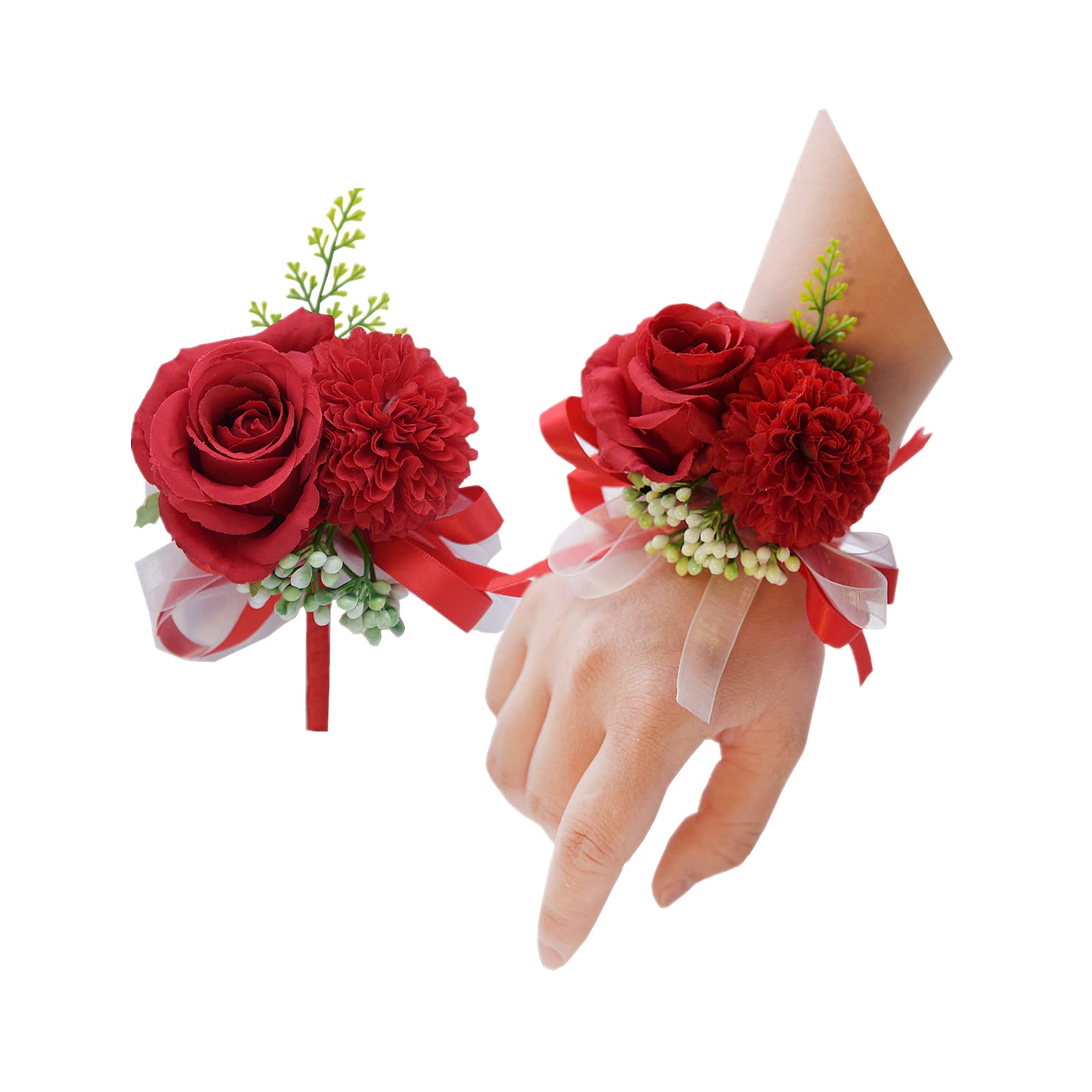 Rikyo 2 Pack Flower Wrist Corsage Boutonniere Set,3" Artificial Rose and Carnation Handmade Silk Flower for Wedding Flowers Accessories Prom Suit Decor (Red)