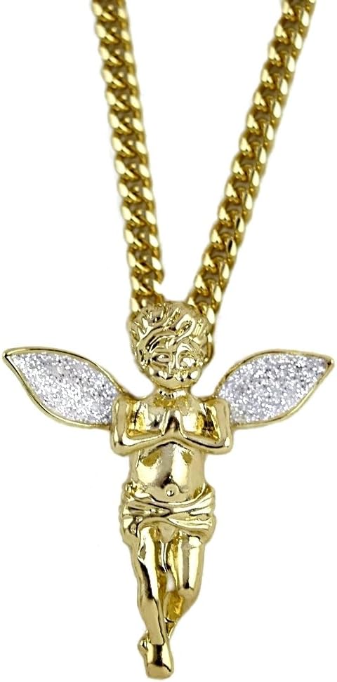 Bing CartelAngel Cherub Praying Micro Pendant Stardust Wings 14K Gold Plated 30 Inch Long Cuban Hip Hop Chain