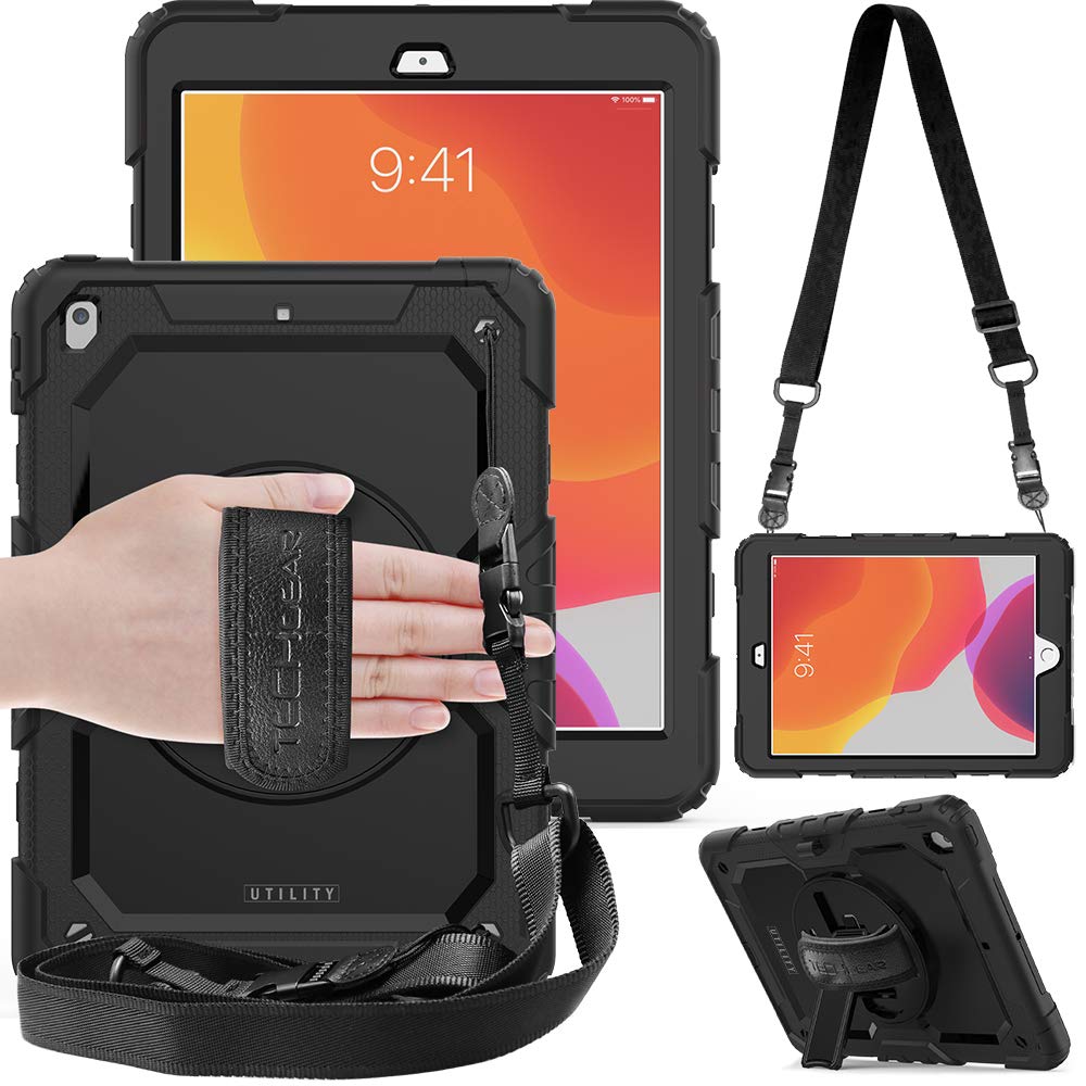 TECHGEAR Utility Case for iPad 10.2 2021/2020/2019 [9th, 8th and 7th Generation] Hard Shockproof Protective Cover with 360 Degree Swivel Stand, Shoulder Strap and Hand Grip [Black] — image 1