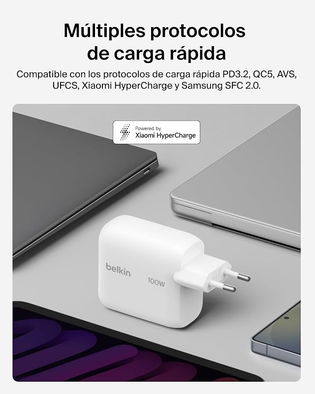 Carregador USB C BoostCharge, Carregador Rápido GAN de 100W, Ficha de Parede USB C, Cabo USB C de 1,5 m, Carregamento Rápido, iPhone 17, Samsung Galaxy S26, Pixel 10, AirPods, Tablets, MacBook - Branco