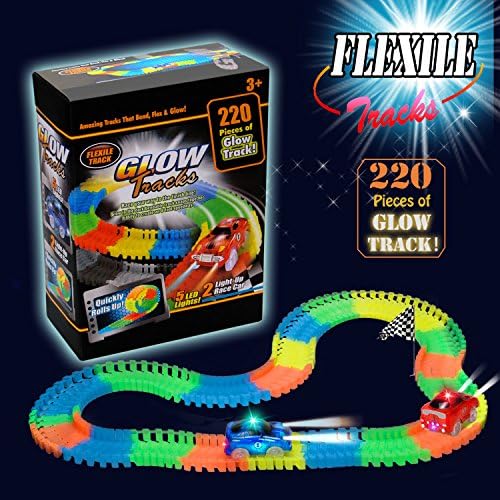 Track Toys Race Tracks with 220 Pieces Flexible Tracks Glow in the Dark,2 Cars Track with Flashing LED Race Cars for Children's Gift