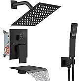 Midanya Shower System with Tub Spout,Bathtub Shower Faucet Set with Square Rainfall Head and Handheld Sprayer Wall Mount Tub Faucet Set with Valve and Trim Kit,8 Inch Matte Black