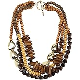 Florate Multistrand Wooden Beaded Necklace for Women Chunky Statement Gold Color Charm Pendant Tribal Ethnic Fashion Elegant Jewelry