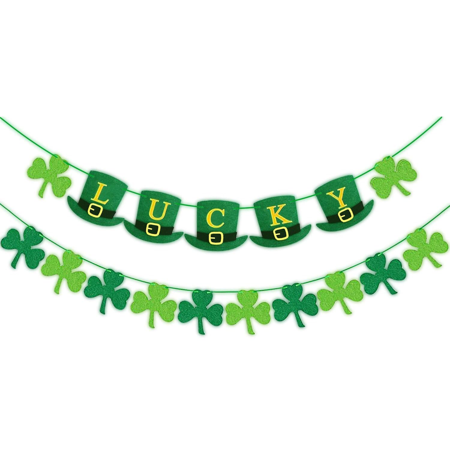 CHINS St Patricks Day Decorations, St. Patrick's Day Banner Decor, Irish Felt Shamrock Garland Banner Bunting for St Patrick's Day Decoration Irish Party Supplies -2Pcs Banners & 12Pcs Balloons