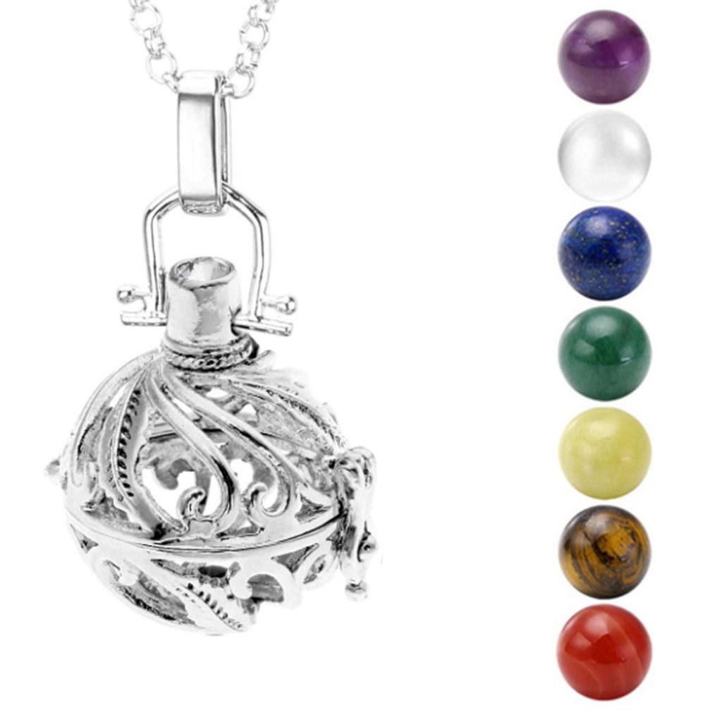 Top Plaza 7 Chakra Stones Reiki Healing Energy 16mm Ball Beads Locket Pendant Charms Memory Secrets Wishes Pendant Chain Necklace Set