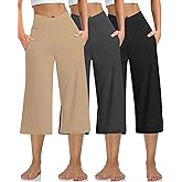 Kivdol 3 Pack Womens Wide Leg Yoga Capris Crossover High Waist Casual Capri Pants Loose Soft Pajama Pockets Sweatpants