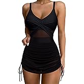 SUUKSESS Women One Piece Swim Dress Tummy Control Swimsuit Mesh Bathing Suit