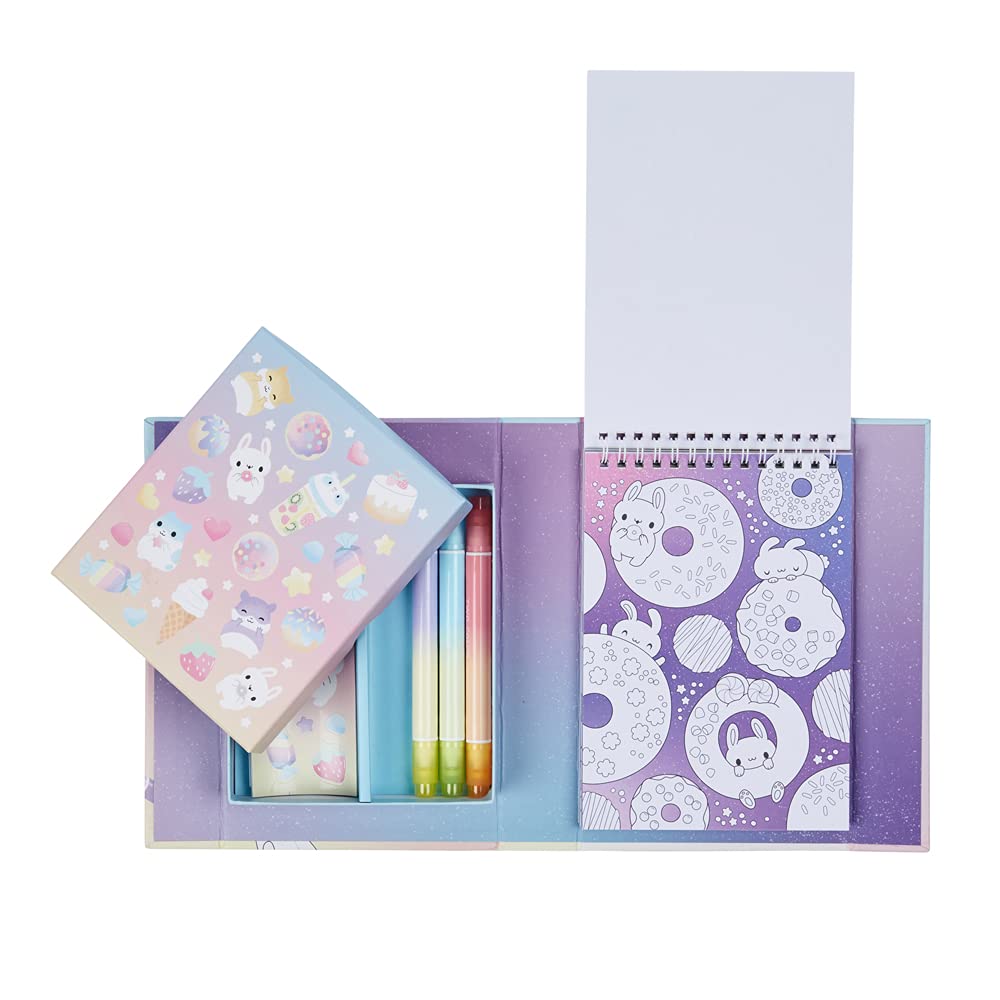 Tiger Tribe Pastel Coloring Set - Kawaii Café - Cute Activity Set for Kids, incl. Stickers & Double-Ended Pastel Markers, Perfect for Travel, Gifting