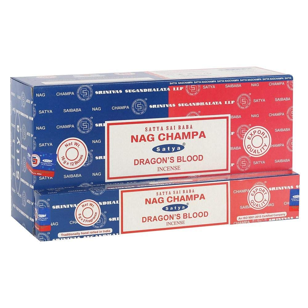 Satya 01312 Nag Champa & Dragons Blood Combo Set of Incense Sticks, 12 Packs x 16g, Multi, One Size