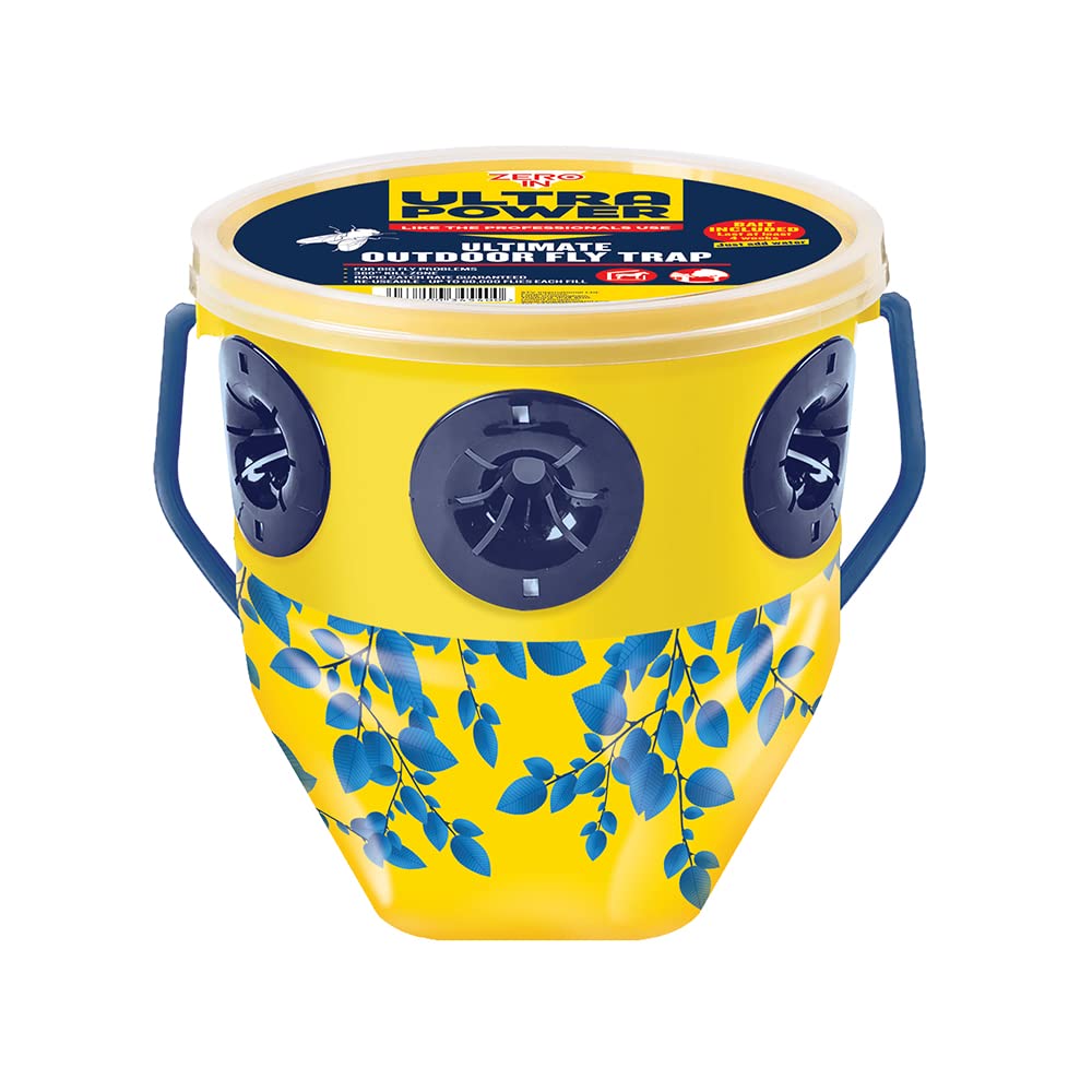 Zero In Ultra Power Ready-Baited Ultimate Outdoor Fly Trap Reusable, Outdoor Use, Holds up to 80,000 Flies Poison-Free, yellow