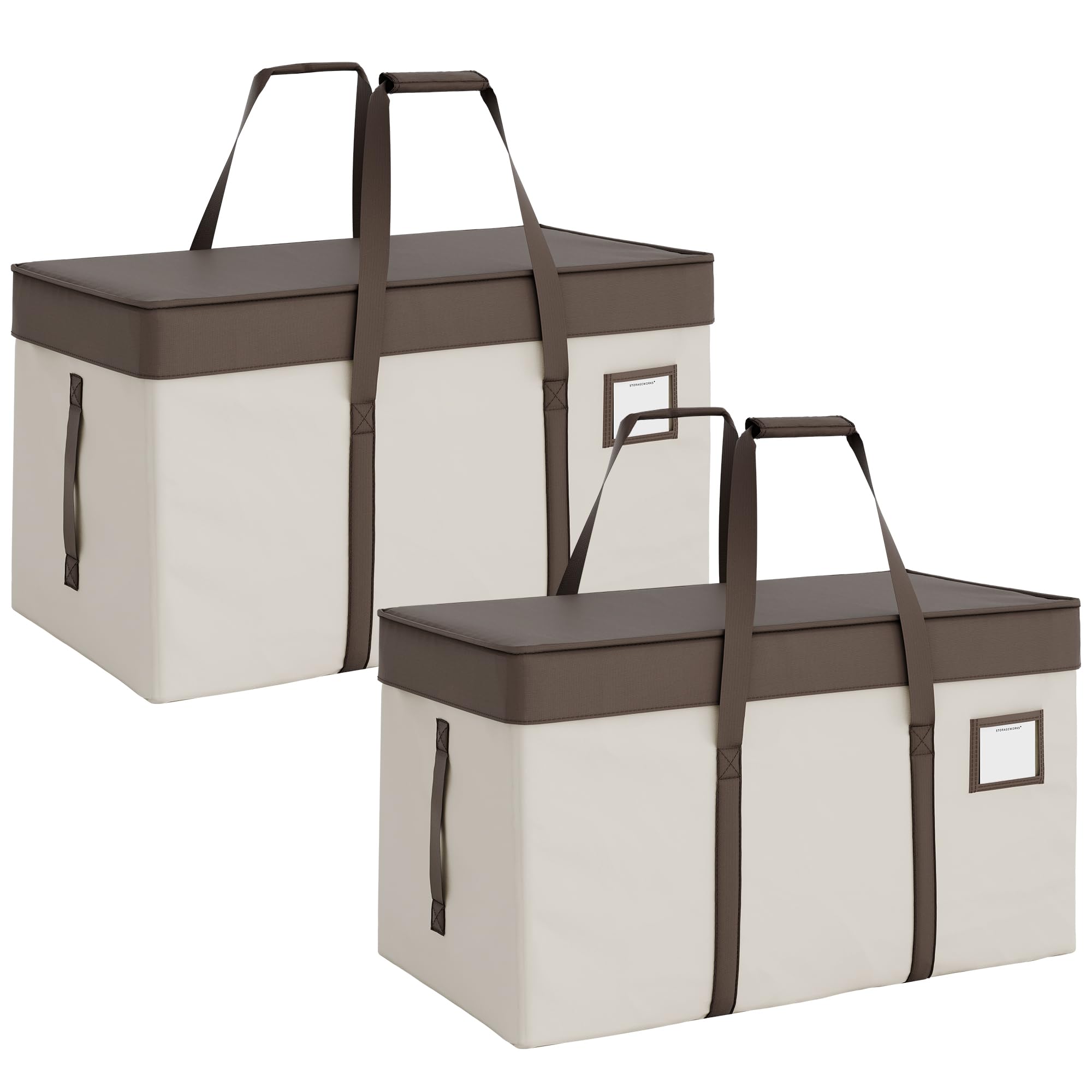 Photo 1 of StorageWorks Extra Large Moving Bags with Lid, Heavy Duty Storage Packing Tote for Moving Supplies with Zippers & Reinforced Handles, Alternative to Moving Boxes, White and Brown, 2 Pack