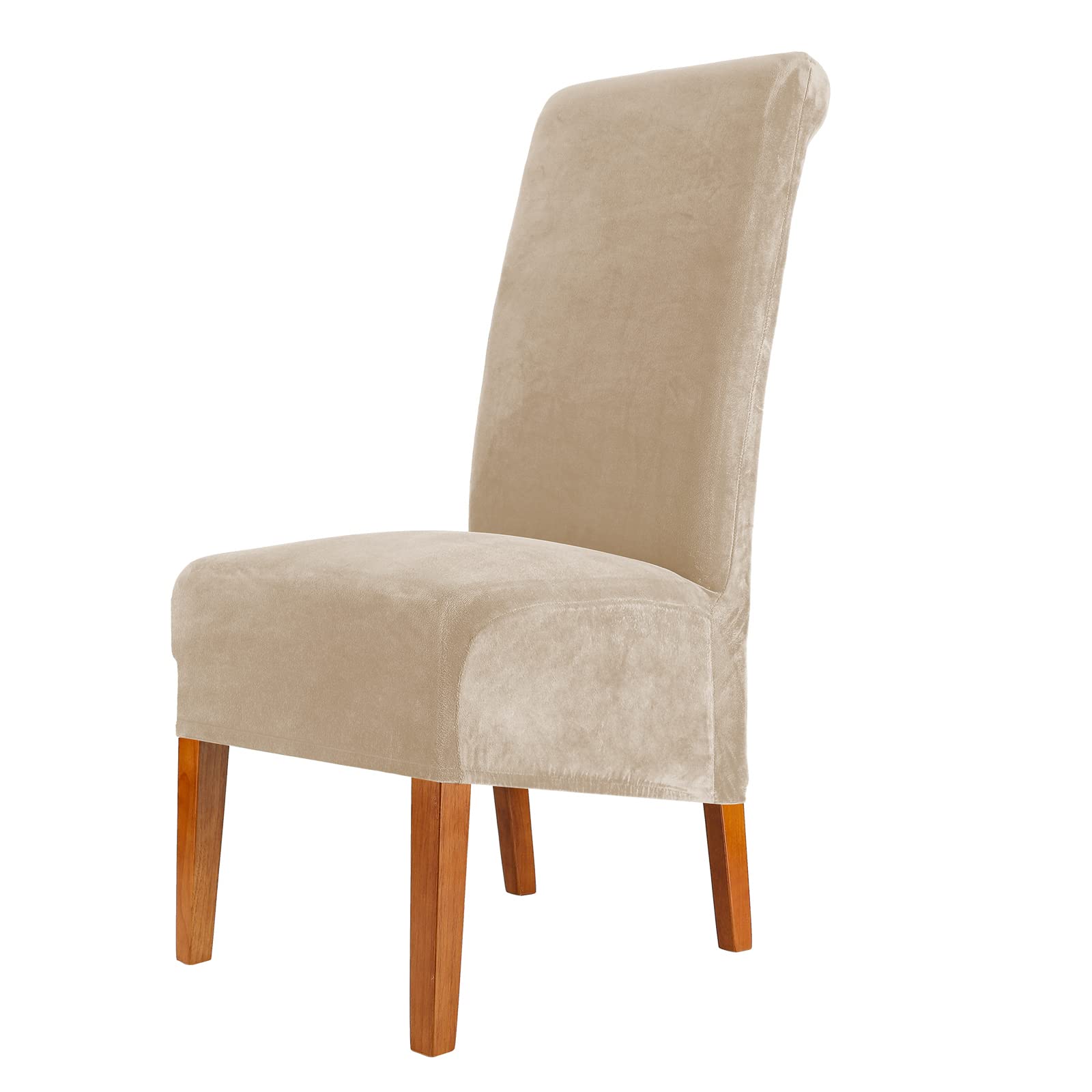 CMAKER Velvet Dining Chair Covers, Stretch Large Chair Slipcovers, Spandex High Back Chairs Cover Elastic Washable Removable XL Chair Protector,Set of ４,Beige
