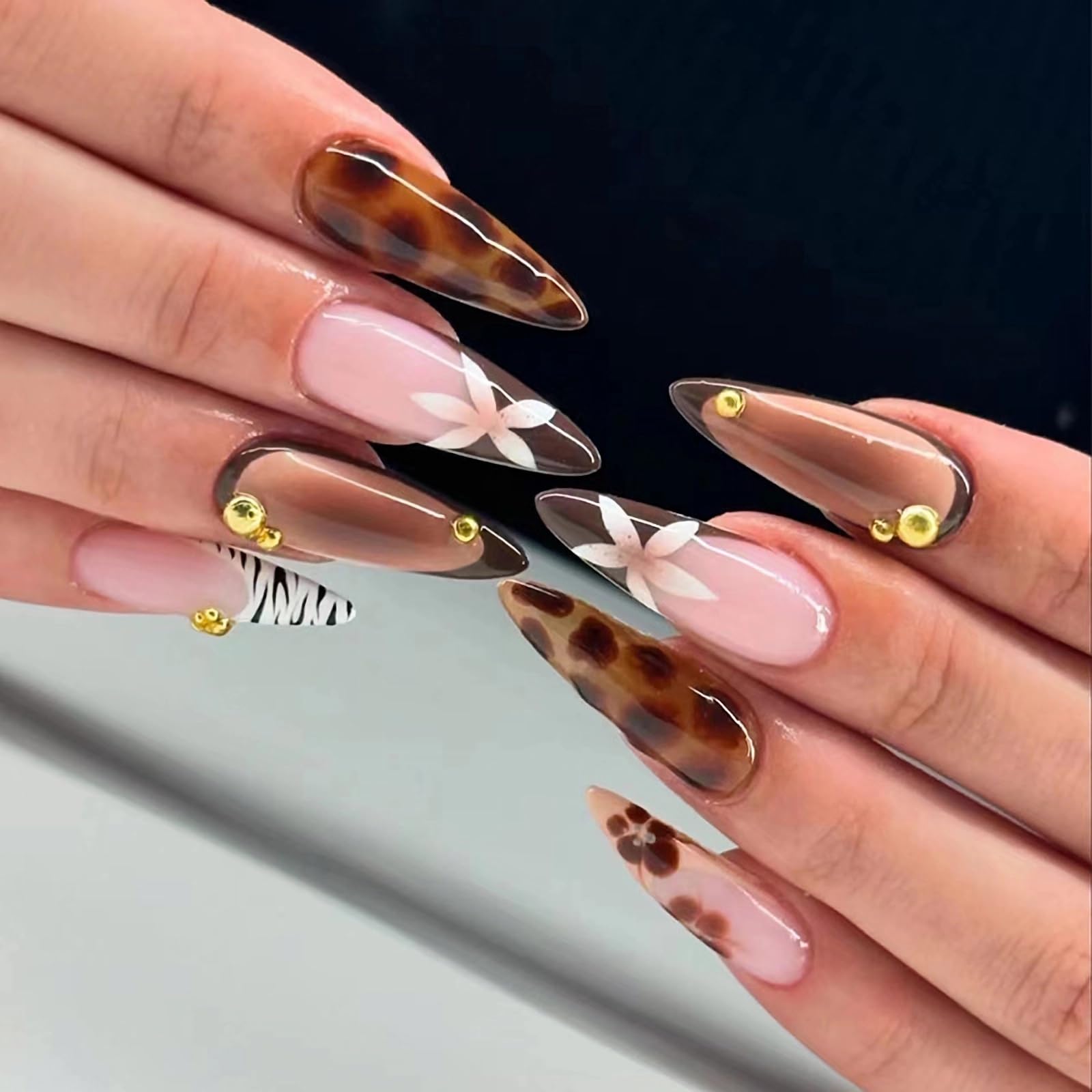 MERVF Almond Press on Nails Long Fall Fake Nails Brown French Tip Glue on Nails Flower Stiletto Acrylic False Nails Aura Press ons with Zebra Print Design Glossy 24pcs - Image 2